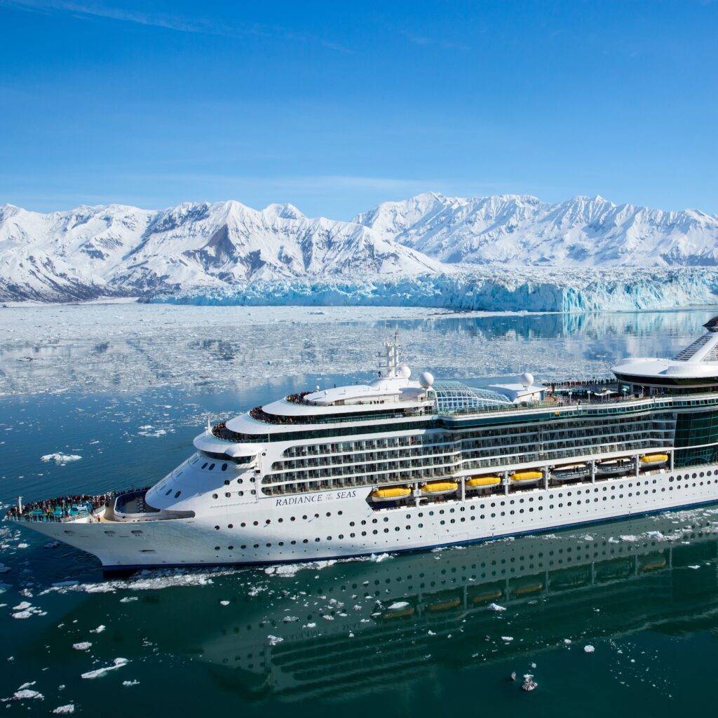 Radiance of the Seas in the arctic with glacier on the background.