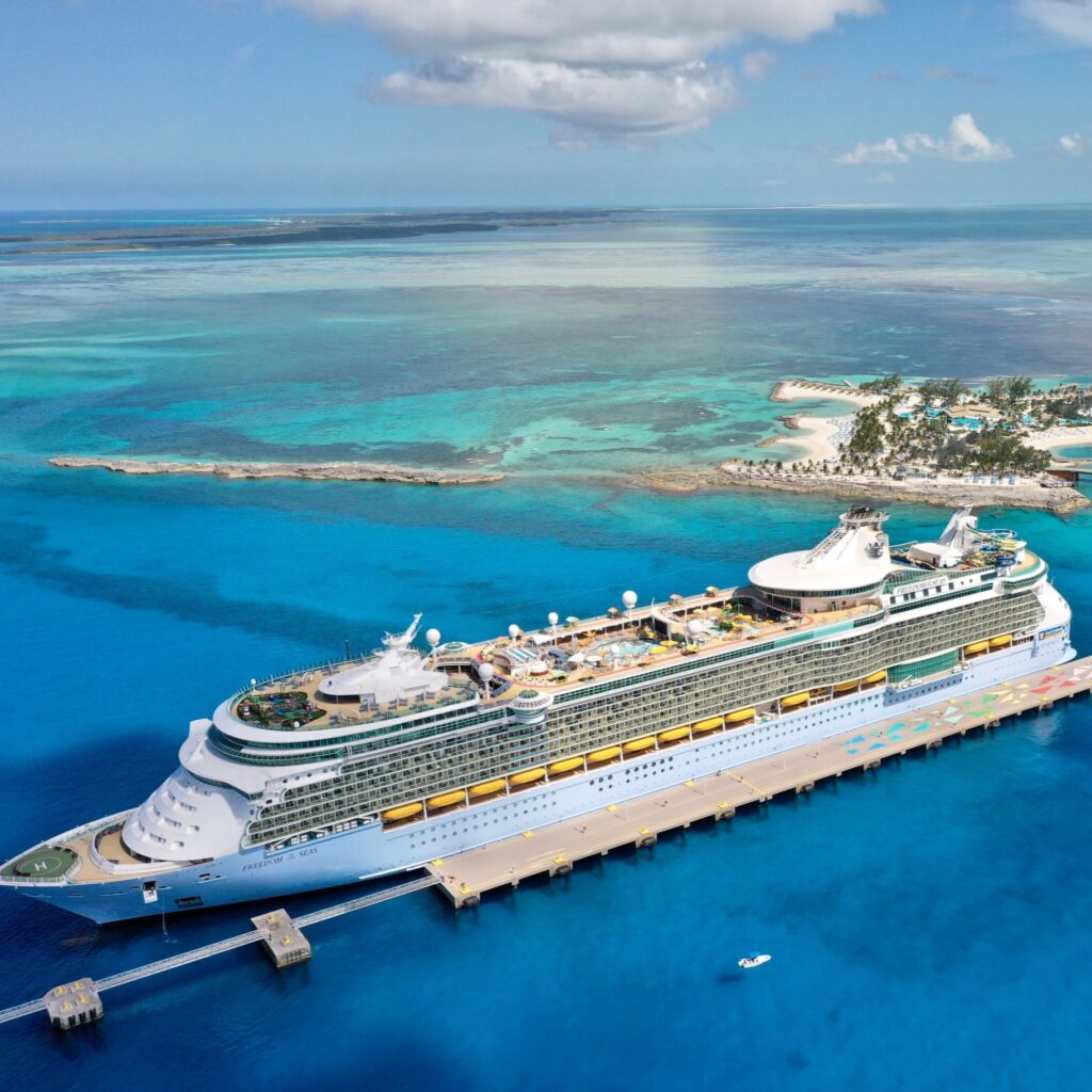 Aerial view of Freedom of the Seas docked with island on the background.