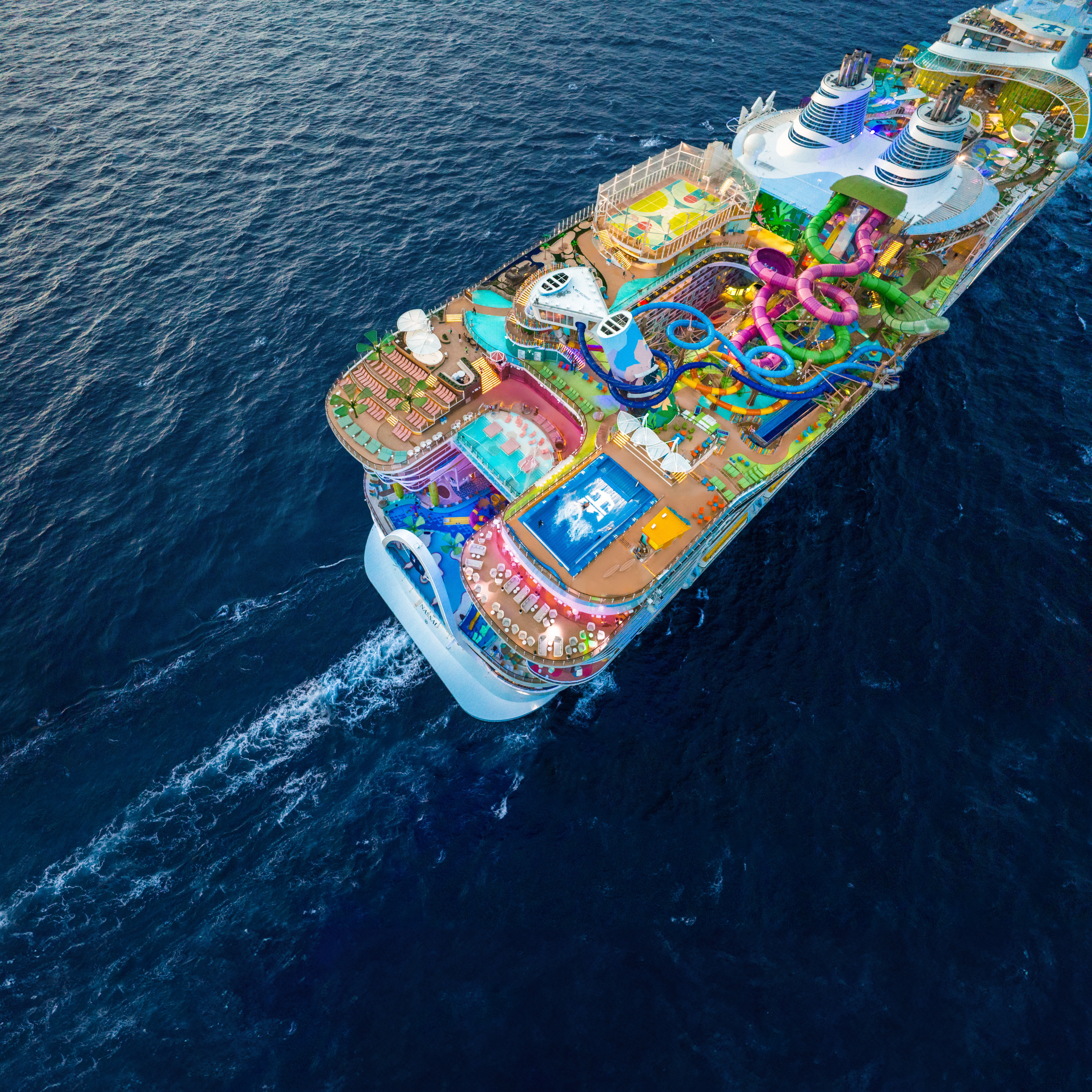 Top view of Icon of the Seas on the sea.