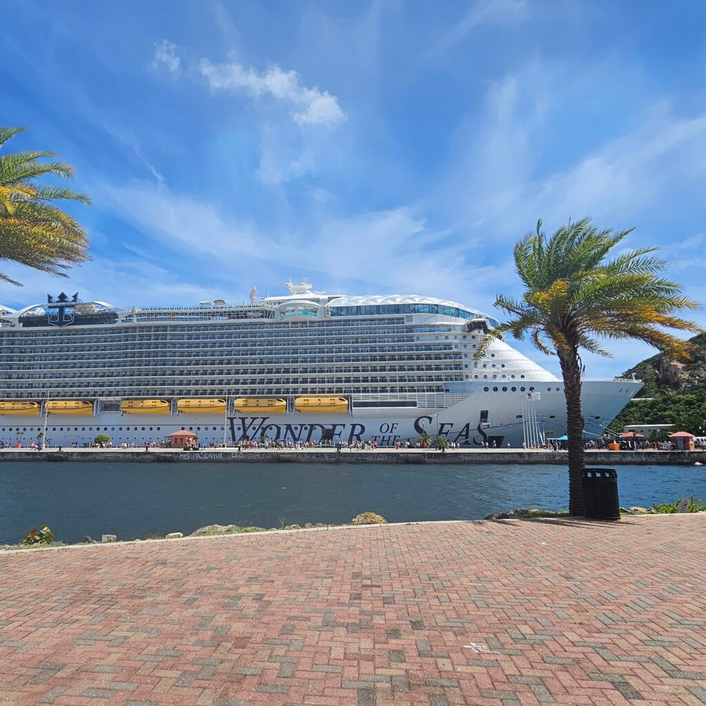 View of the Wonder of the Seas docked at the bay.