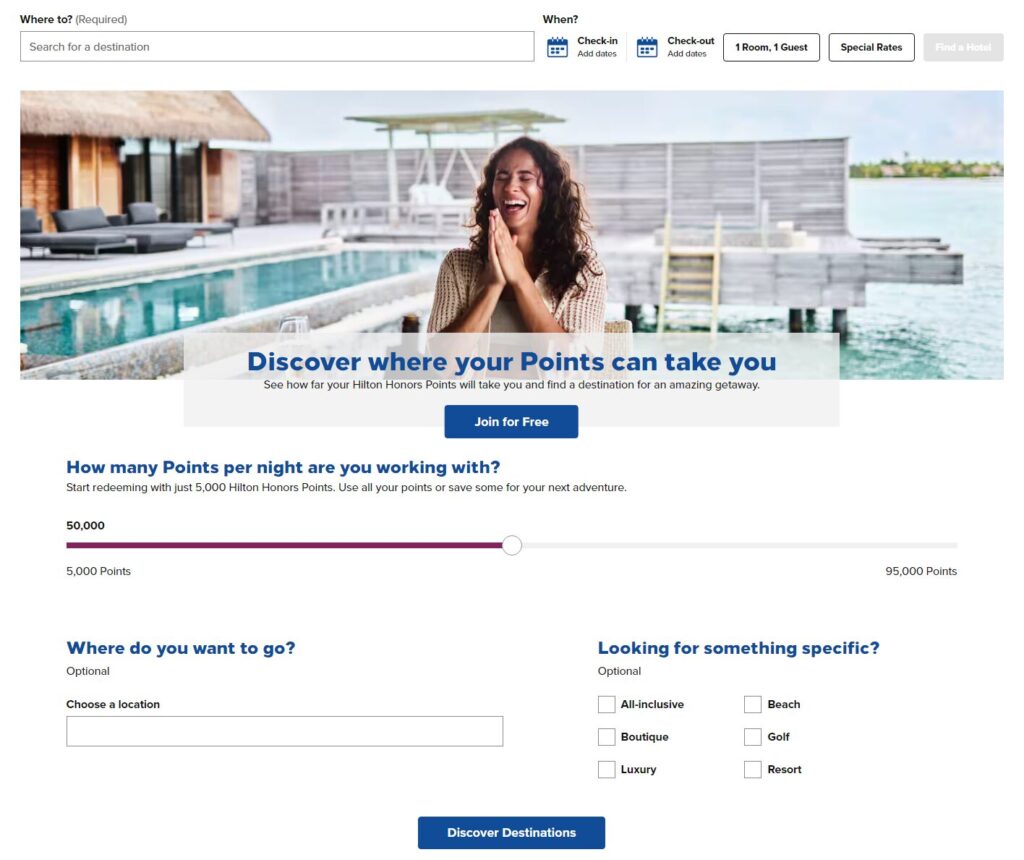 Screenshot of Hilton points explorer page.