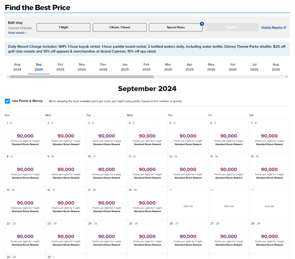 Screenshot of calendar search feature of Hilton showing dates and prices for booking a room in Conrad Orlando.