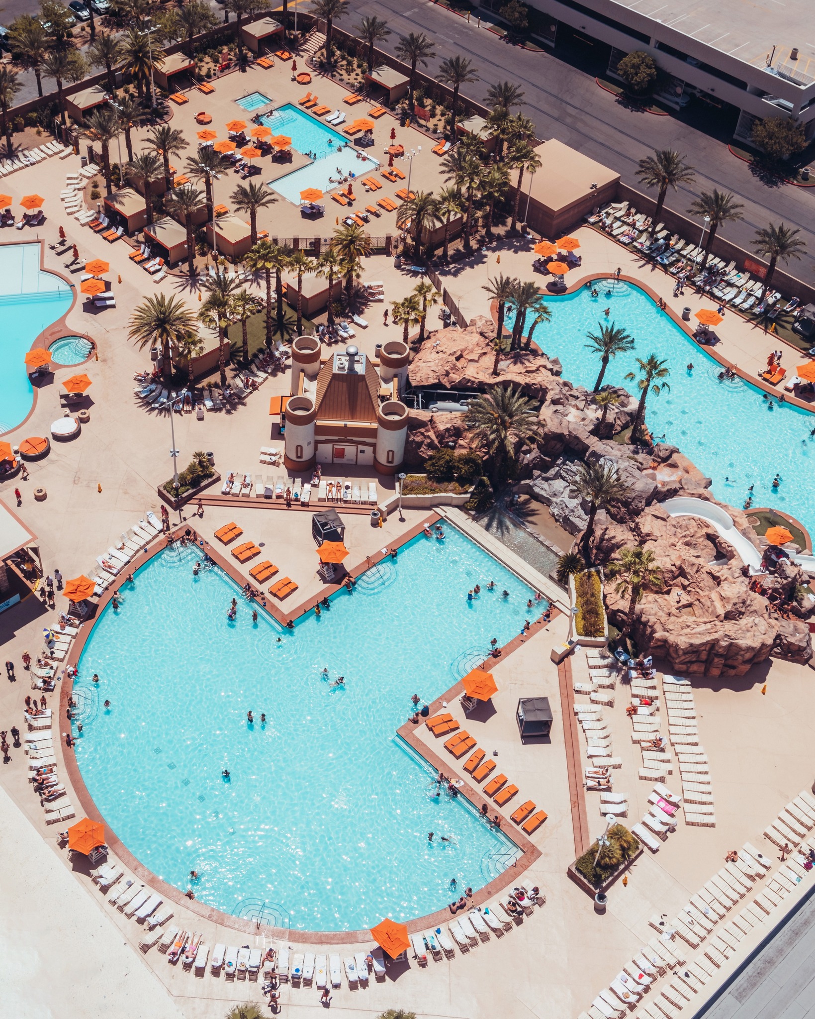 Aerial view of the Excalibur Hotel Casino pool area.