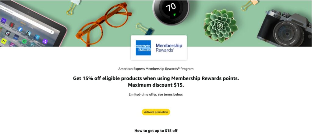 Screenshot from Amazon.com showing 15% discount with Amex Membership Rewards